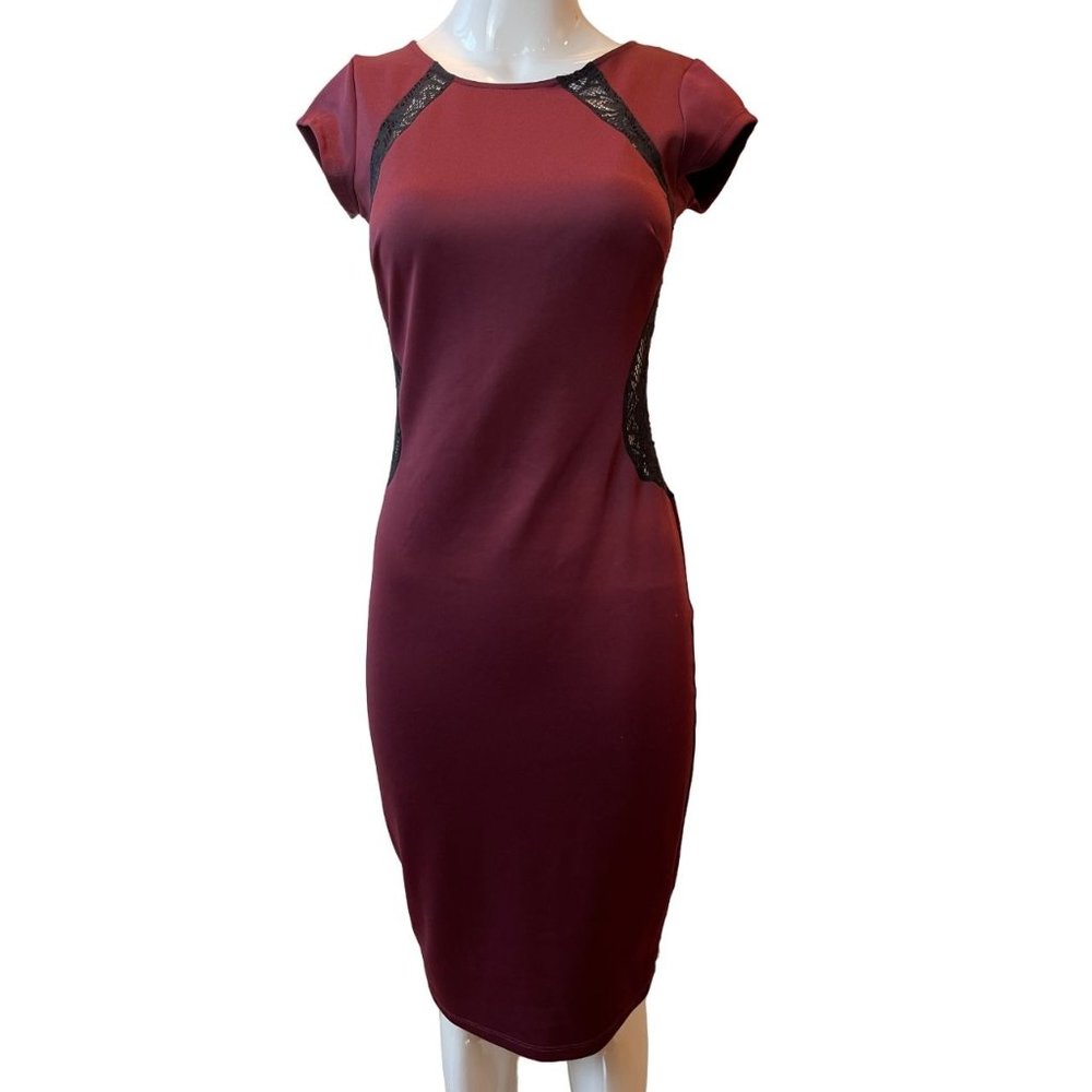 Akira Chicago Womens Dress Bodycon Midi Cocktail Lace Detail Burgundy Size Small